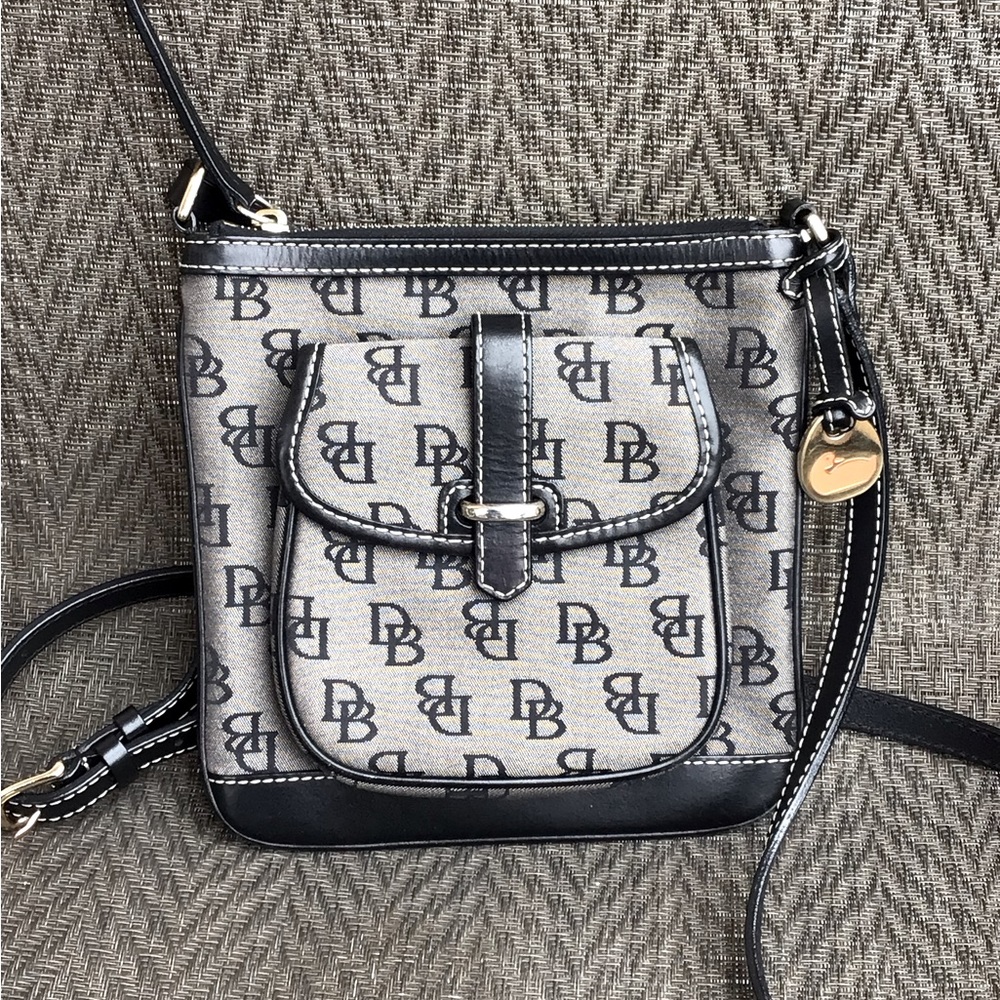 Dooney & Bourke Gray/Black Monogrammed Denim Letter Carrier Crossbody Bag